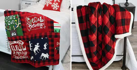 image of a buffalo plaid Christmas quilt with sewn-on holiday patches shown next to an image of a buffalo plaid sherpa blanket