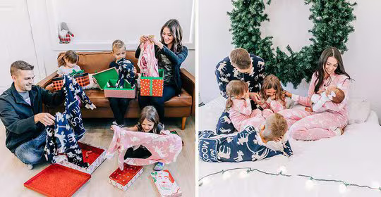 a family opening up presents of pajamas