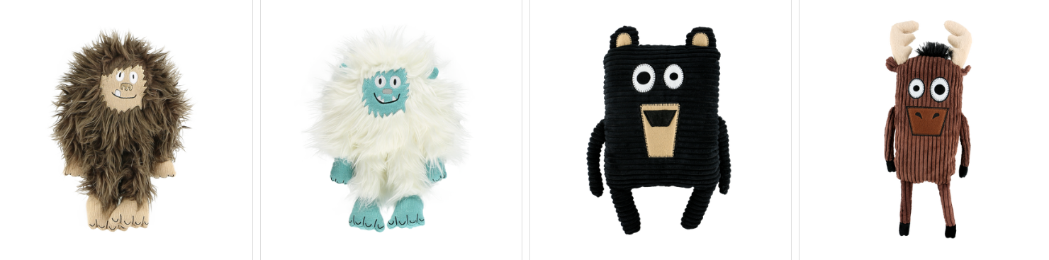 four images of bigfoot, yeti, bear, and moose stuffed animals aligned side by side