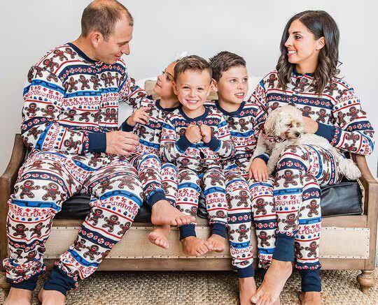a family and a dog sitting on a couch all wearing matching holiday pajamas