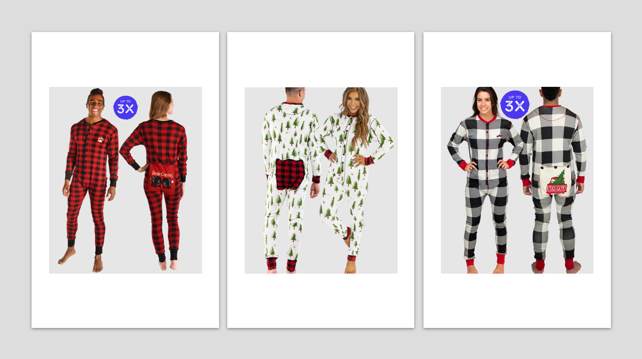 three sets of matching adult onesie flapjack pajamas in buffalo plaid and winter holiday patterns