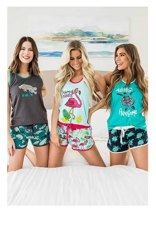 3 woman wearing different pajama short sets