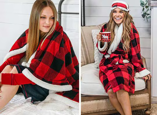 woman sitting down wearing a red and black plaid robe