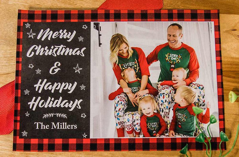 Christmas photo card with buffalo plaid border, a family photo in matching pajamas, and 'Merry Christmas & Happy Holidays The Millers