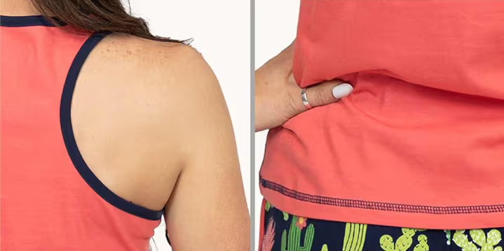 side by side images of tank top shoulder and waistline hem shown close up on a model